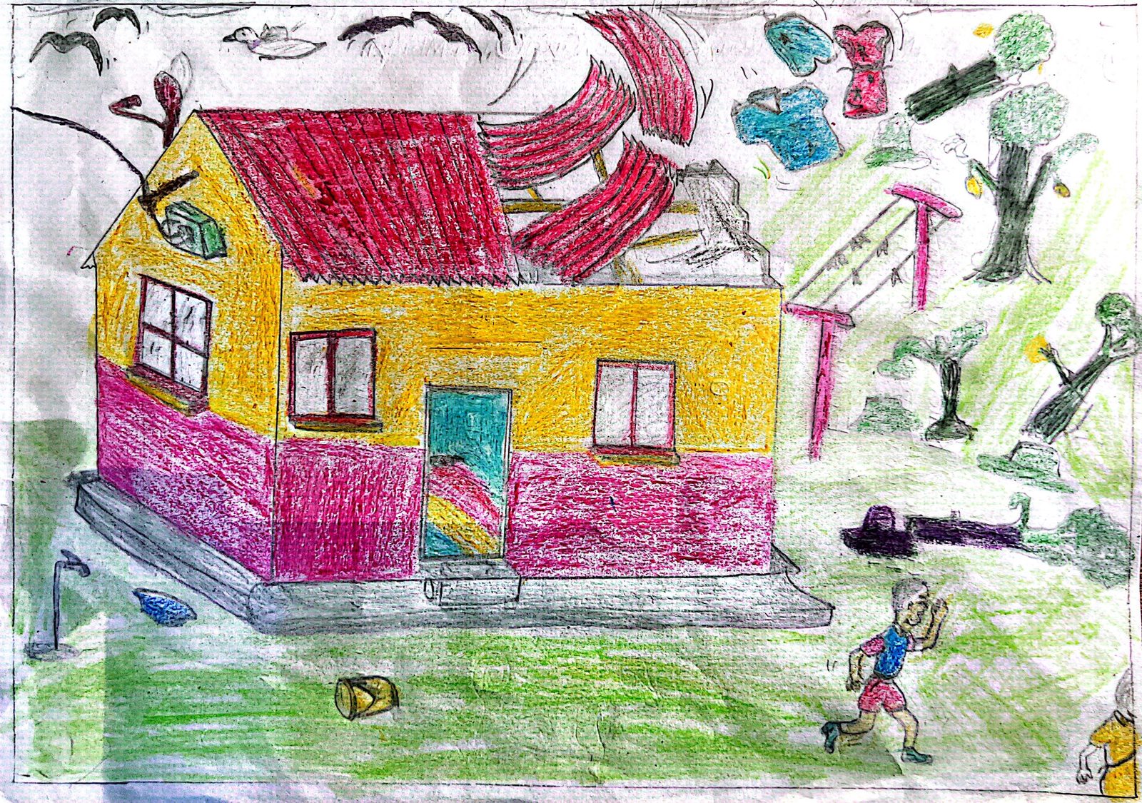 A child's drawing of a house in a storm with uprooted trees and debris, showing environmental threats